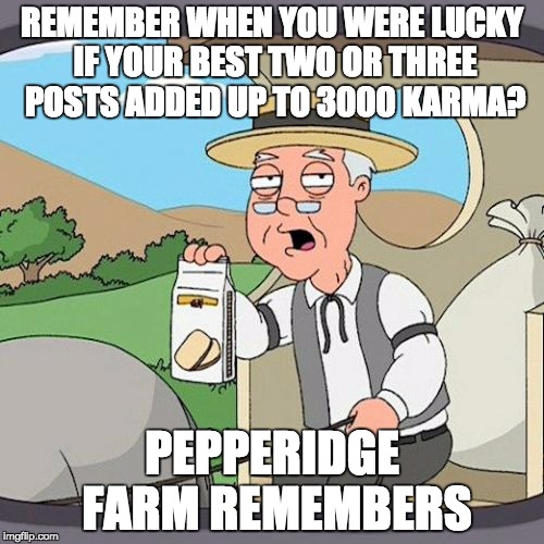 Pepperidge Farm Remembers | REMEMBER WHEN YOU WERE LUCKY IF YOUR BEST TWO OR THREE POSTS ADDED UP TO 3000 KARMA? PEPPERIDGE FARM REMEMBERS | image tagged in memes,pepperidge farm remembers,AdviceAnimals | made w/ Imgflip meme maker
