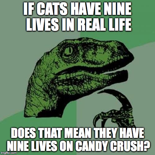 Philosoraptor Meme | IF CATS HAVE NINE LIVES IN REAL LIFE DOES THAT MEAN THEY HAVE NINE LIVES ON CANDY CRUSH? | image tagged in memes,philosoraptor | made w/ Imgflip meme maker