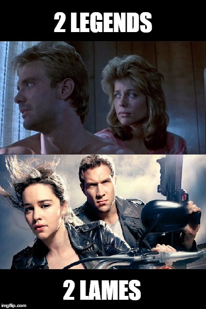 Terminator Comparison Sarah Connor  Kyle Reese '84 x Genysis | 2 LEGENDS 2 LAMES | image tagged in sarah connor  kyle reese comparison | made w/ Imgflip meme maker