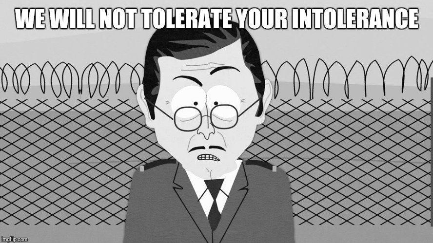 WE WILL NOT TOLERATE YOUR INTOLERANCE | image tagged in intolerance | made w/ Imgflip meme maker
