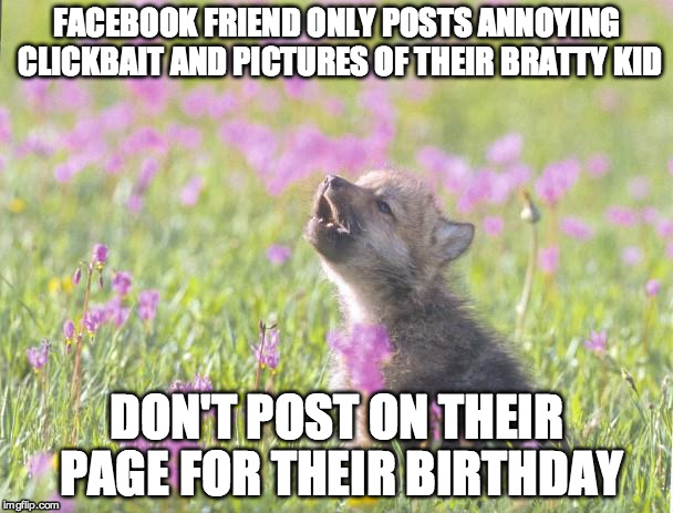 Baby Insanity Wolf | FACEBOOK FRIEND ONLY POSTS ANNOYING CLICKBAIT AND PICTURES OF THEIR BRATTY KID DON'T POST ON THEIR PAGE FOR THEIR BIRTHDAY | image tagged in memes,baby insanity wolf,AdviceAnimals | made w/ Imgflip meme maker