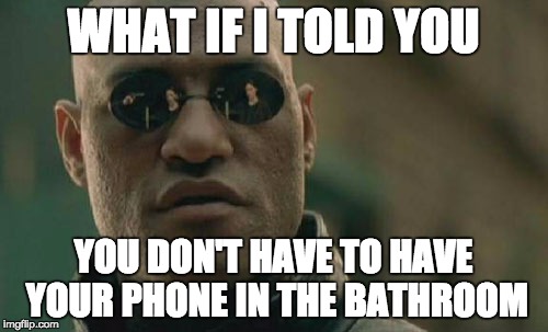 Matrix Morpheus Meme | WHAT IF I TOLD YOU YOU DON'T HAVE TO HAVE YOUR PHONE IN THE BATHROOM | image tagged in memes,matrix morpheus | made w/ Imgflip meme maker