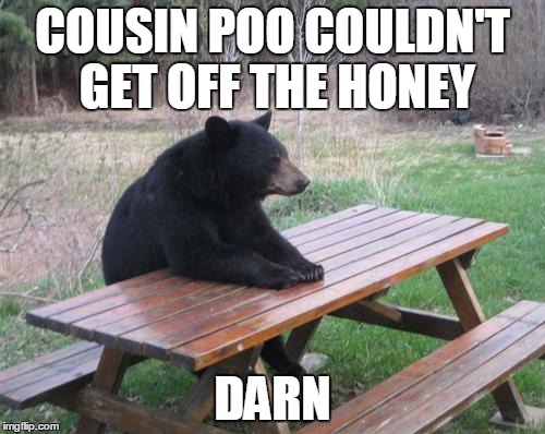 Bad Luck Bear | COUSIN POO COULDN'T GET OFF THE HONEY DARN | image tagged in memes,bad luck bear | made w/ Imgflip meme maker