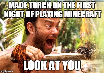 Castaway Fire | MADE TORCH ON THE FIRST NIGHT OF PLAYING MINECRAFT LOOK AT YOU | image tagged in memes,castaway fire | made w/ Imgflip meme maker