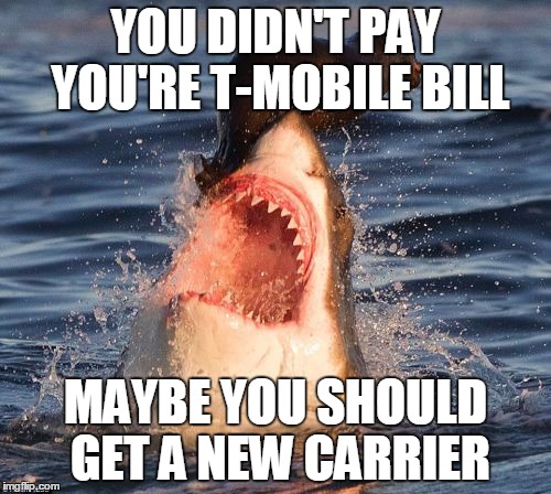 Travelonshark | YOU DIDN'T PAY YOU'RE T-MOBILE BILL MAYBE YOU SHOULD GET A NEW CARRIER | image tagged in memes,travelonshark | made w/ Imgflip meme maker