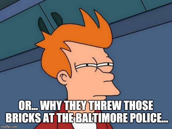 Futurama Fry Meme | OR... WHY THEY THREW THOSE BRICKS AT THE BALTIMORE POLICE... | image tagged in memes,futurama fry | made w/ Imgflip meme maker