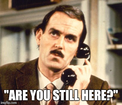 Basil Fawlty | "ARE YOU STILL HERE?" | image tagged in basil fawlty | made w/ Imgflip meme maker