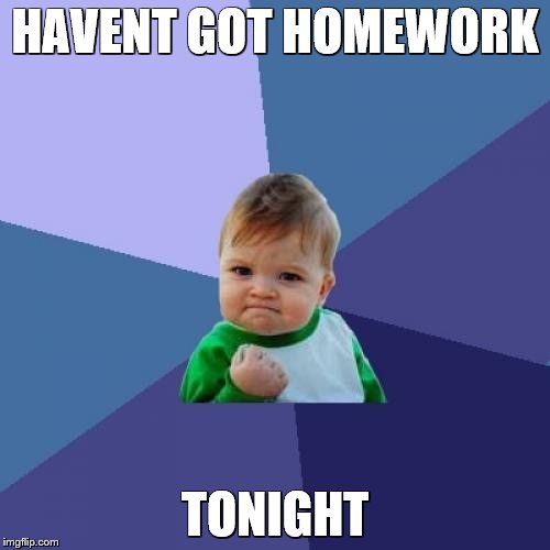 Success Kid Meme | HAVENT GOT HOMEWORK TONIGHT | image tagged in memes,success kid | made w/ Imgflip meme maker
