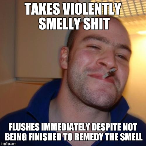 Good Guy Greg Meme | TAKES VIOLENTLY SMELLY SHIT FLUSHES IMMEDIATELY DESPITE NOT BEING FINISHED TO REMEDY THE SMELL | image tagged in memes,good guy greg,AdviceAnimals | made w/ Imgflip meme maker
