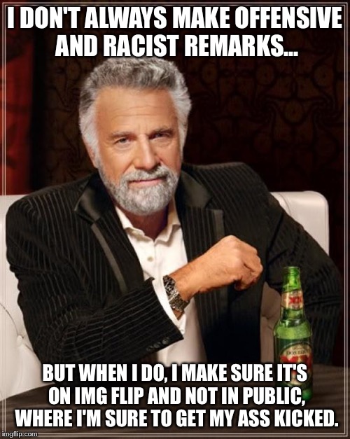 The Most Interesting Man In The World | I DON'T ALWAYS MAKE OFFENSIVE AND RACIST REMARKS... BUT WHEN I DO, I MAKE SURE IT'S ON IMG FLIP AND NOT IN PUBLIC, WHERE I'M SURE TO GET MY  | image tagged in memes,the most interesting man in the world | made w/ Imgflip meme maker