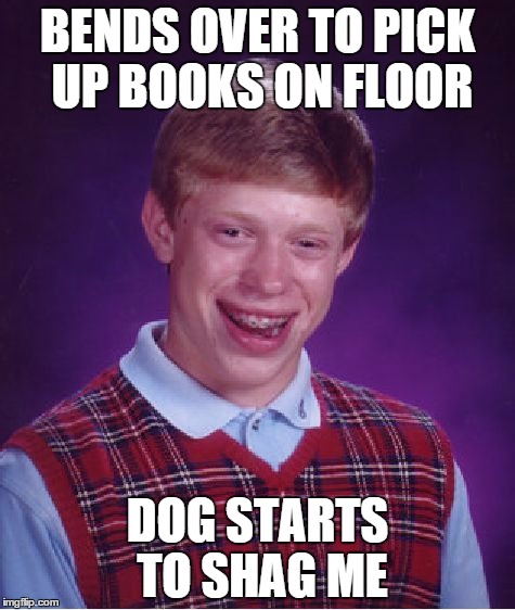 Bad Luck Brian Meme | BENDS OVER TO PICK UP BOOKS ON FLOOR DOG STARTS TO SHAG ME | image tagged in memes,bad luck brian | made w/ Imgflip meme maker