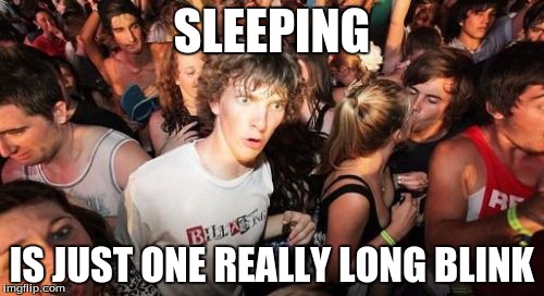 Sudden Clarity Clarence | SLEEPING IS JUST ONE REALLY LONG BLINK | image tagged in memes,sudden clarity clarence | made w/ Imgflip meme maker