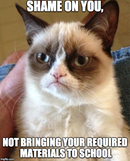 Grumpy Cat Meme | SHAME ON YOU, NOT BRINGING YOUR REQUIRED MATERIALS TO SCHOOL | image tagged in memes,grumpy cat | made w/ Imgflip meme maker