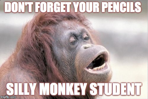 Monkey OOH | DON'T FORGET YOUR PENCILS SILLY MONKEY STUDENT | image tagged in memes,monkey ooh | made w/ Imgflip meme maker