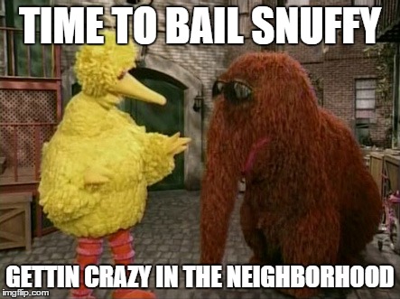 Big Bird And Snuffy Meme | TIME TO BAIL SNUFFY GETTIN CRAZY IN THE NEIGHBORHOOD | image tagged in memes,big bird and snuffy | made w/ Imgflip meme maker