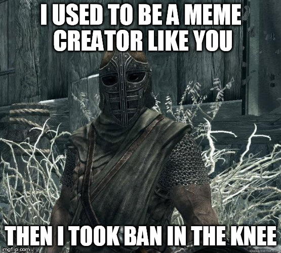 SkyrimGuard | I USED TO BE A MEME CREATOR LIKE YOU THEN I TOOK BAN IN THE KNEE | image tagged in skyrimguard,skyrim,the elder scrolls,tes,tes v skyrim | made w/ Imgflip meme maker