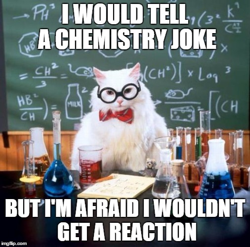 Chemistry Cat | I WOULD TELL A CHEMISTRY JOKE BUT I'M AFRAID I WOULDN'T GET A REACTION | image tagged in memes,chemistry cat | made w/ Imgflip meme maker