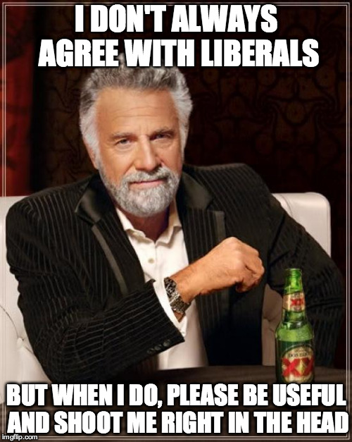 The Most Interesting Man In The World | I DON'T ALWAYS AGREE WITH LIBERALS BUT WHEN I DO, PLEASE BE USEFUL AND SHOOT ME RIGHT IN THE HEAD | image tagged in memes,the most interesting man in the world | made w/ Imgflip meme maker