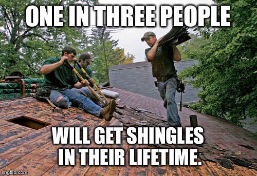 ONE IN THREE PEOPLE WILL GET SHINGLES IN THEIR LIFETIME. | image tagged in shingles | made w/ Imgflip meme maker