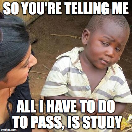 Third World Skeptical Kid | SO YOU'RE TELLING ME ALL I HAVE TO DO TO PASS, IS STUDY | image tagged in memes,third world skeptical kid | made w/ Imgflip meme maker