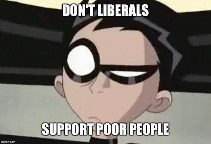 Skeptical Robin | DON'T LIBERALS SUPPORT POOR PEOPLE | image tagged in skeptical robin | made w/ Imgflip meme maker