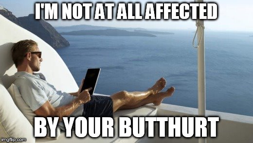 chillin' | I'M NOT AT ALL AFFECTED BY YOUR BUTTHURT | image tagged in relax,ipad,vacation | made w/ Imgflip meme maker