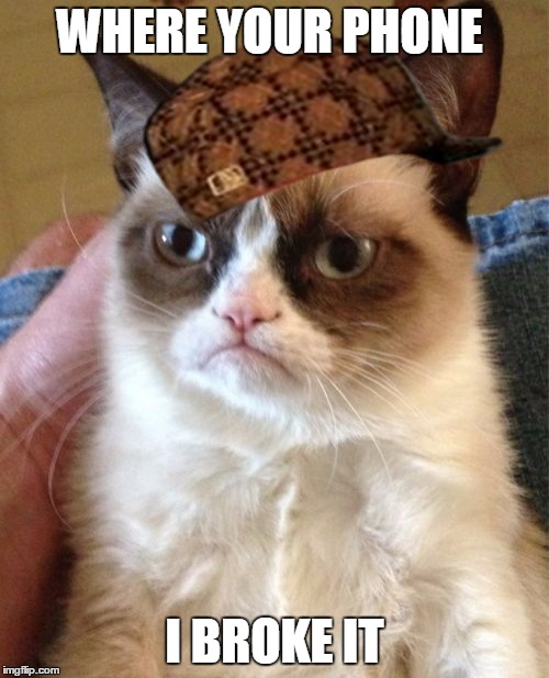 Grumpy Cat | WHERE YOUR PHONE I BROKE IT | image tagged in memes,grumpy cat,scumbag | made w/ Imgflip meme maker