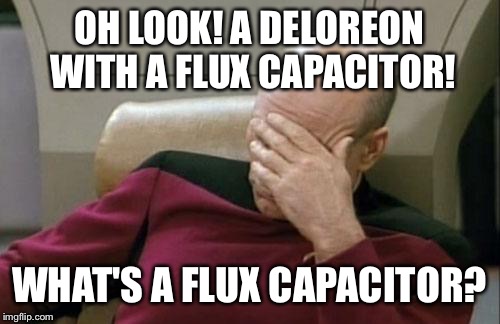 Captain Picard Facepalm | OH LOOK! A DELOREON WITH A FLUX CAPACITOR! WHAT'S A FLUX CAPACITOR? | image tagged in memes,captain picard facepalm | made w/ Imgflip meme maker