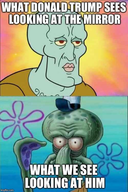From what I've seen, he has a pretty inaccurate self-image | WHAT DONALD TRUMP SEES LOOKING AT THE MIRROR WHAT WE SEE LOOKING AT HIM | image tagged in memes,squidward | made w/ Imgflip meme maker