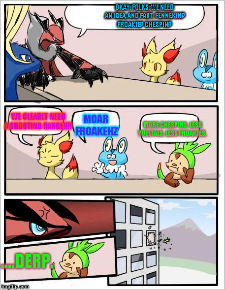 Pokemon board meeting | OKAY, FOLKS, WE NEED AN IDEA, AND FAST. FENNEKIN? FROAKIE? CHESPIN? WE CLEARLY NEED A SHOOTING RANGE!!!! MOAR FROAKEHZ MORE CHESPINS. LESS Y | image tagged in pokemon board meeting | made w/ Imgflip meme maker