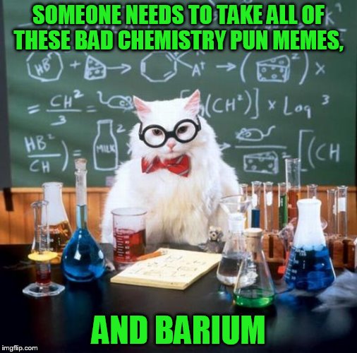 Chemistry Cat | SOMEONE NEEDS TO TAKE ALL OF THESE BAD CHEMISTRY PUN MEMES, AND BARIUM | image tagged in memes,chemistry cat | made w/ Imgflip meme maker