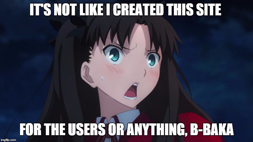 IT'S NOT LIKE I CREATED THIS SITE FOR THE USERS OR ANYTHING, B-BAKA | image tagged in tsundere tohsaka | made w/ Imgflip meme maker