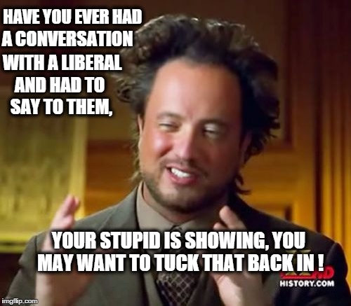 Ancient Aliens | HAVE YOU EVER HAD YOUR STUPID IS SHOWING, YOU MAY WANT TO TUCK THAT BACK IN ! A CONVERSATION WITH A LIBERAL AND HAD TO SAY TO THEM, | image tagged in memes,ancient aliens | made w/ Imgflip meme maker
