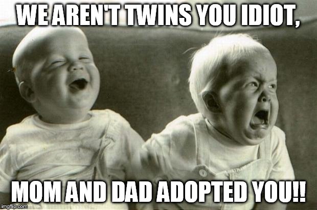 HappySadBabies | WE AREN'T TWINS YOU IDIOT, MOM AND DAD ADOPTED YOU!! | image tagged in happysadbabies | made w/ Imgflip meme maker
