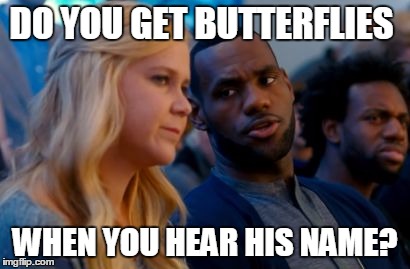 DO YOU GET BUTTERFLIES WHEN YOU HEAR HIS NAME? | image tagged in lebron james,trainwreck | made w/ Imgflip meme maker