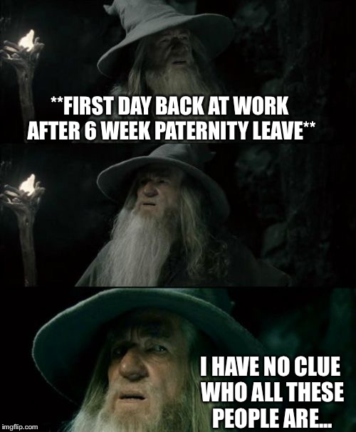 Confused Gandalf | **FIRST DAY BACK AT WORK AFTER 6 WEEK PATERNITY LEAVE** I HAVE NO CLUE WHO ALL THESE PEOPLE ARE... | image tagged in memes,confused gandalf | made w/ Imgflip meme maker