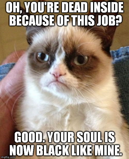 Grumpy Cat | OH, YOU'RE DEAD INSIDE BECAUSE OF THIS JOB? GOOD. YOUR SOUL IS NOW BLACK LIKE MINE. | image tagged in memes,grumpy cat | made w/ Imgflip meme maker