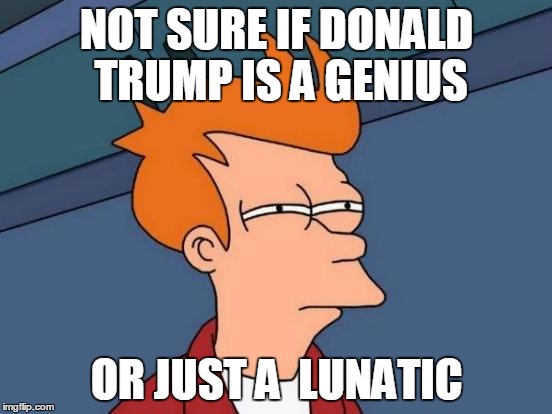Futurama Fry Meme | NOT SURE IF DONALD TRUMP IS A GENIUS OR JUST A  LUNATIC | image tagged in memes,futurama fry | made w/ Imgflip meme maker