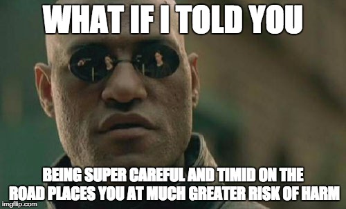 Matrix Morpheus | WHAT IF I TOLD YOU BEING SUPER CAREFUL AND TIMID ON THE ROAD PLACES YOU AT MUCH GREATER RISK OF HARM | image tagged in memes,matrix morpheus | made w/ Imgflip meme maker