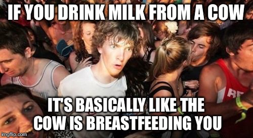 Sudden Clarity Clarence | IF YOU DRINK MILK FROM A COW IT'S BASICALLY LIKE THE COW IS BREASTFEEDING YOU | image tagged in memes,sudden clarity clarence | made w/ Imgflip meme maker