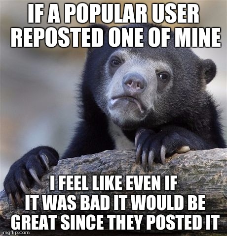 Confession Bear | IF A POPULAR USER REPOSTED ONE OF MINE I FEEL LIKE EVEN IF IT WAS BAD IT WOULD BE GREAT SINCE THEY POSTED IT | image tagged in memes,confession bear | made w/ Imgflip meme maker