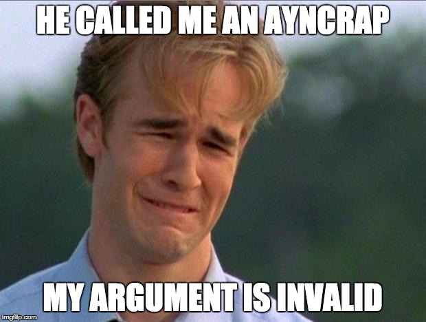 1990s First World Problems | HE CALLED ME AN AYNCRAP MY ARGUMENT IS INVALID | image tagged in crying dawson | made w/ Imgflip meme maker