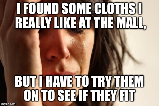 First World Problems | I FOUND SOME CLOTHS I REALLY LIKE AT THE MALL, BUT I HAVE TO TRY THEM ON TO SEE IF THEY FIT | image tagged in memes,first world problems | made w/ Imgflip meme maker