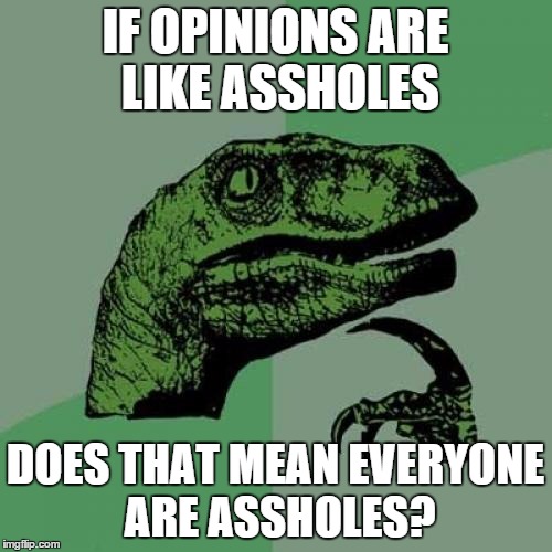Philosoraptor Meme | IF OPINIONS ARE LIKE ASSHOLES DOES THAT MEAN EVERYONE ARE ASSHOLES? | image tagged in memes,philosoraptor | made w/ Imgflip meme maker