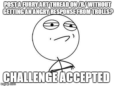 Challenge Accepted Rage Face Meme | POST A FURRY ART THREAD ON /B/ WITHOUT GETTING AN ANGRY RESPONSE FROM TROLLS? CHALLENGE ACCEPTED | image tagged in memes,challenge accepted rage face | made w/ Imgflip meme maker