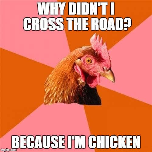 Anti Joke Chicken Meme | WHY DIDN'T I CROSS THE ROAD? BECAUSE I'M CHICKEN | image tagged in memes,anti joke chicken | made w/ Imgflip meme maker
