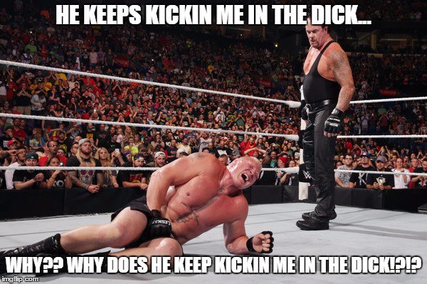 HE KEEPS KICKIN ME IN THE DICK... WHY?? WHY DOES HE KEEP KICKIN ME IN THE DICK!?!? | image tagged in undertaker,brock lesnar,wwe,dick,kick | made w/ Imgflip meme maker