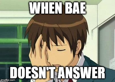Kyon Face Palm | WHEN BAE DOESN'T ANSWER | image tagged in memes,kyon face palm | made w/ Imgflip meme maker