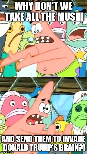 He'd still be the same. Obscure anime reference, by the way. Mushi-Shi. | WHY DON'T WE TAKE ALL THE MUSHI AND SEND THEM TO INVADE DONALD TRUMP'S BRAIN?! | image tagged in memes,put it somewhere else patrick | made w/ Imgflip meme maker