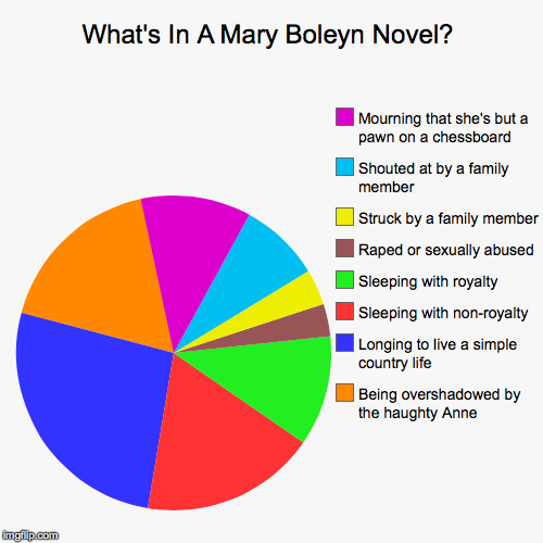 What's In A Mary Boleyn Novel? | Being overshadowed by the haughty Anne, Longing to live a simple country life, Sleeping with non-royalty, S | image tagged in funny,pie charts | made w/ Imgflip chart maker